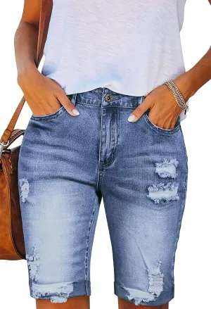 LONGYIDA 2025 Denim Bermuda Shorts for Women Stretch Distressed Cuffed Hem Jeans Short with Pockets