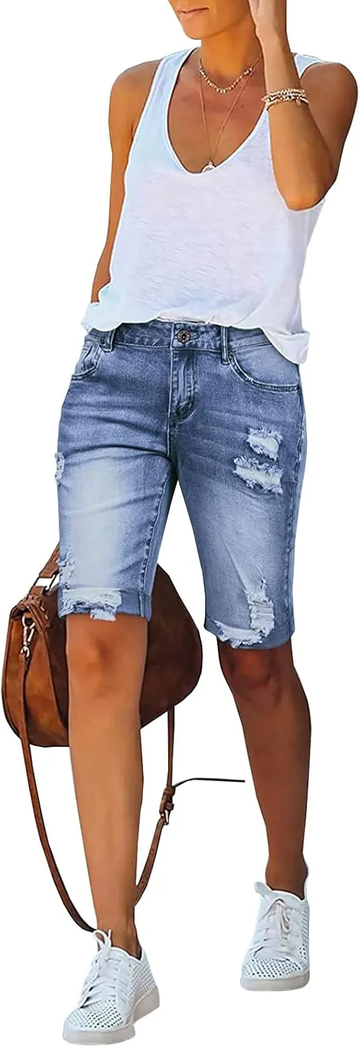 LONGYIDA 2025 Denim Bermuda Shorts for Women Stretch Distressed Cuffed Hem Jeans Short with Pockets