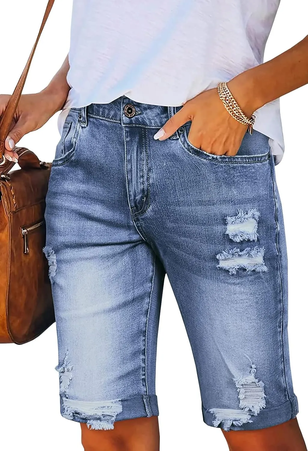 LONGYIDA 2025 Denim Bermuda Shorts for Women Stretch Distressed Cuffed Hem Jeans Short with Pockets