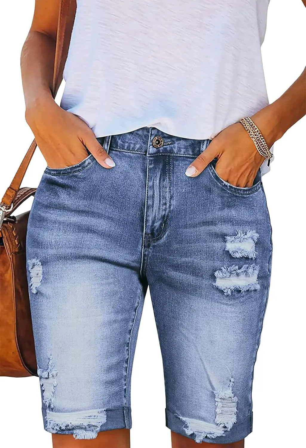 LONGYIDA 2025 Denim Bermuda Shorts for Women Stretch Distressed Cuffed Hem Jeans Short with Pockets