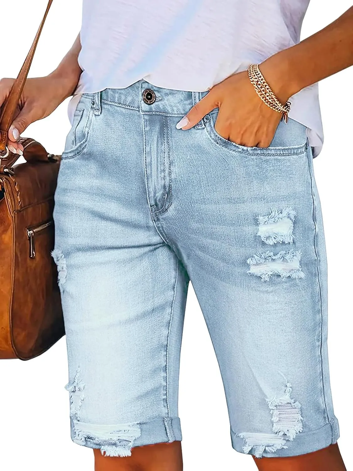 LONGYIDA 2025 Denim Bermuda Shorts for Women Stretch Distressed Cuffed Hem Jeans Short with Pockets