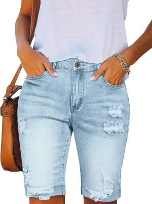 LONGYIDA 2025 Denim Bermuda Shorts for Women Stretch Distressed Cuffed Hem Jeans Short with Pockets