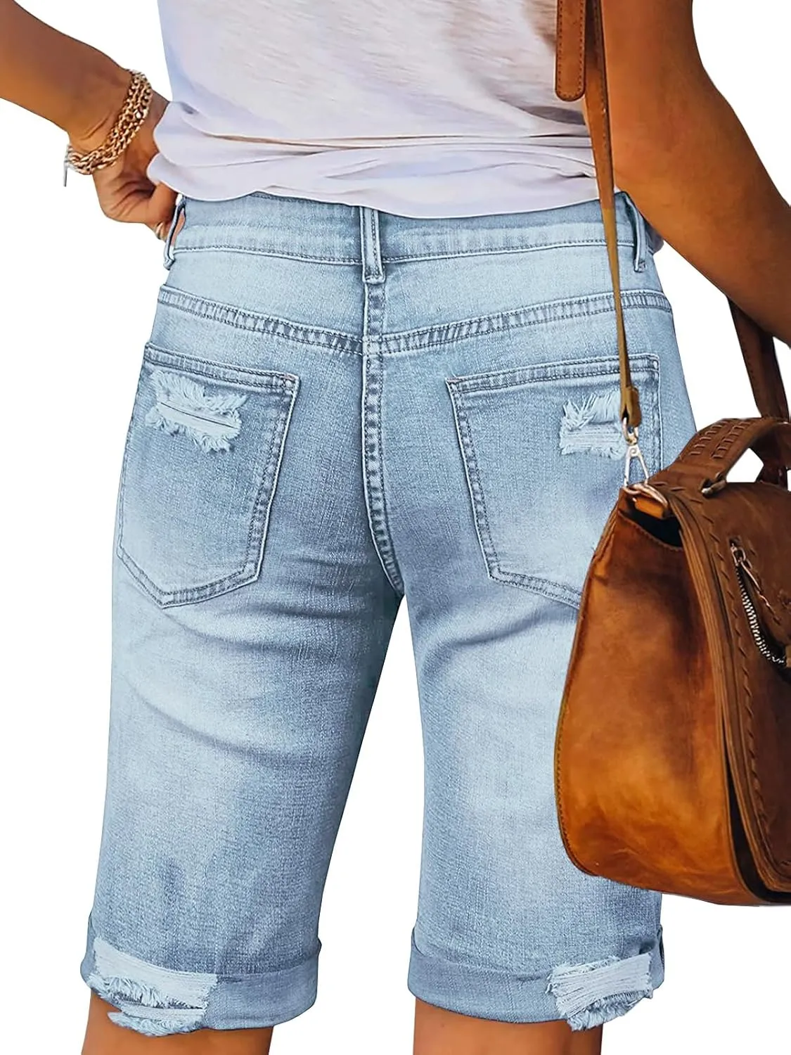 LONGYIDA 2025 Denim Bermuda Shorts for Women Stretch Distressed Cuffed Hem Jeans Short with Pockets