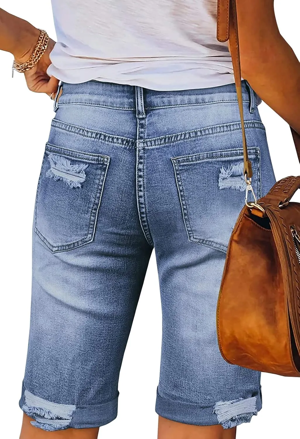 LONGYIDA 2025 Denim Bermuda Shorts for Women Stretch Distressed Cuffed Hem Jeans Short with Pockets