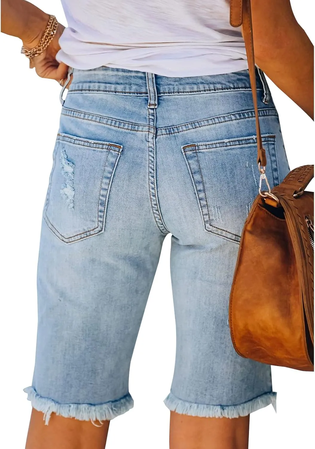 LONGYIDA Womens Jean Shorts High Waisted Denim Bermuda Shorts Ripped Distressed Knee Length Stretch Denim Jean Short