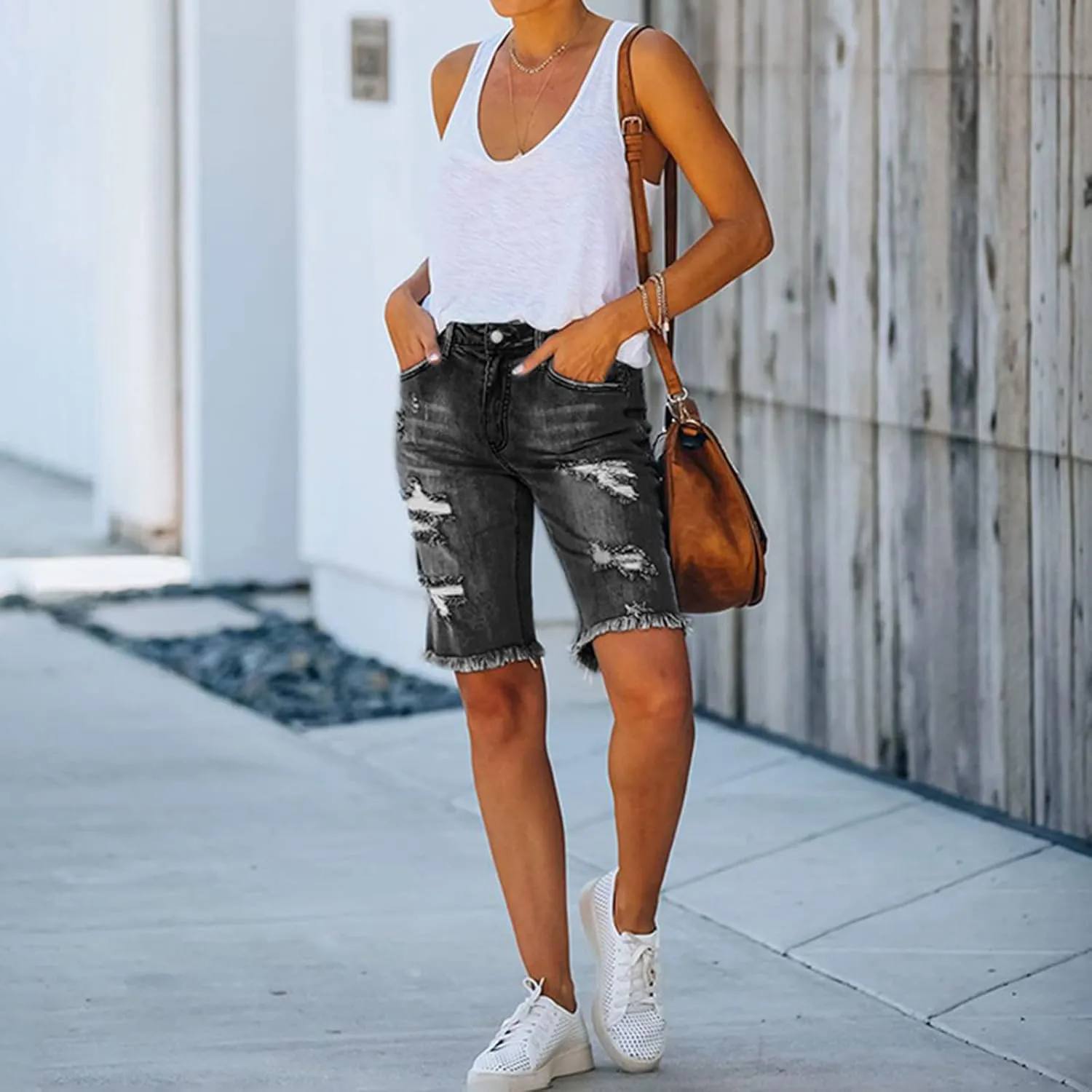 LONGYIDA Womens Jean Shorts High Waisted Denim Bermuda Shorts Ripped Distressed Knee Length Stretch Denim Jean Short