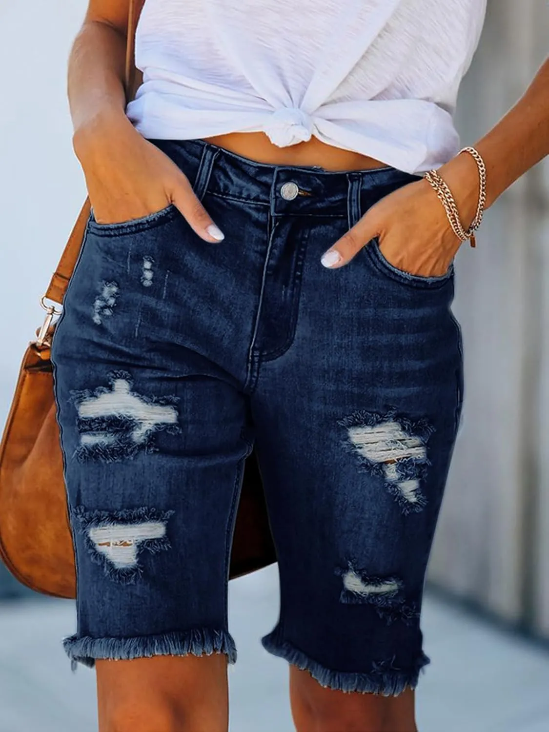 LONGYIDA Womens Jean Shorts High Waisted Denim Bermuda Shorts Ripped Distressed Knee Length Stretch Denim Jean Short