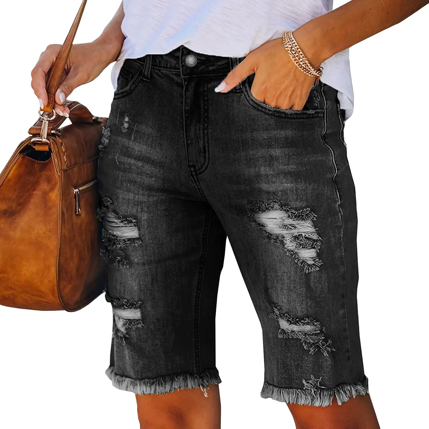 LONGYIDA Womens Jean Shorts High Waisted Denim Bermuda Shorts Ripped Distressed Knee Length Stretch Denim Jean Short