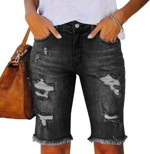 LONGYIDA Womens Jean Shorts High Waisted Denim Bermuda Shorts Ripped Distressed Knee Length Stretch Denim Jean Short