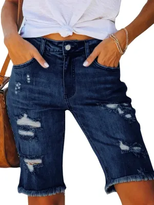LONGYIDA Womens Jean Shorts High Waisted Denim Bermuda Shorts Ripped Distressed Knee Length Stretch Denim Jean Short