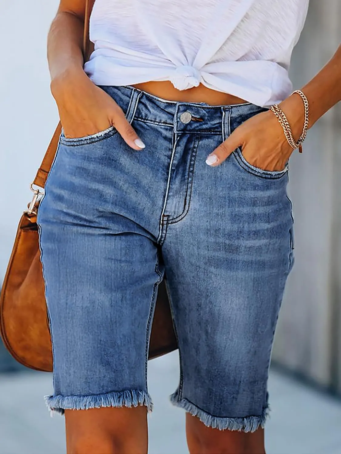 LONGYIDA Womens Jean Shorts High Waisted Denim Bermuda Shorts Ripped Distressed Knee Length Stretch Denim Jean Short