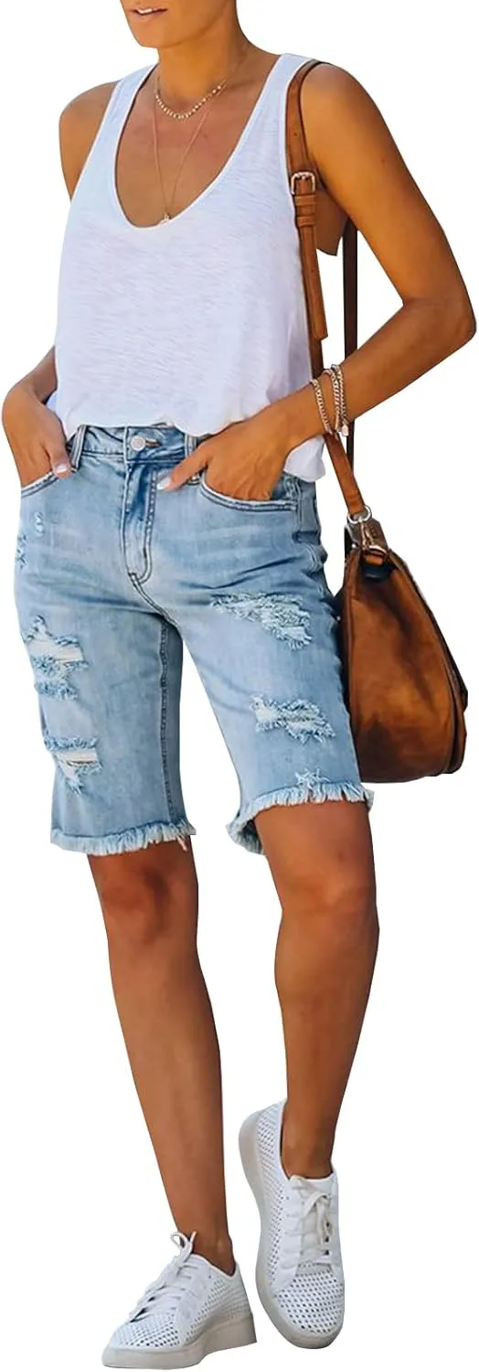 LONGYIDA Womens Jean Shorts High Waisted Denim Bermuda Shorts Ripped Distressed Knee Length Stretch Denim Jean Short