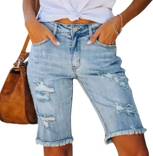 LONGYIDA Womens Jean Shorts High Waisted Denim Bermuda Shorts Ripped Distressed Knee Length Stretch Denim Jean Short