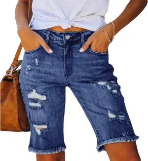 LONGYIDA Womens Jean Shorts High Waisted Denim Bermuda Shorts Ripped Distressed Knee Length Stretch Denim Jean Short