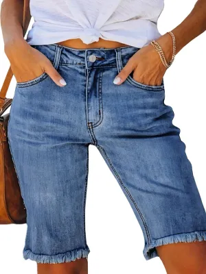 LONGYIDA Womens Jean Shorts High Waisted Denim Bermuda Shorts Ripped Distressed Knee Length Stretch Denim Jean Short