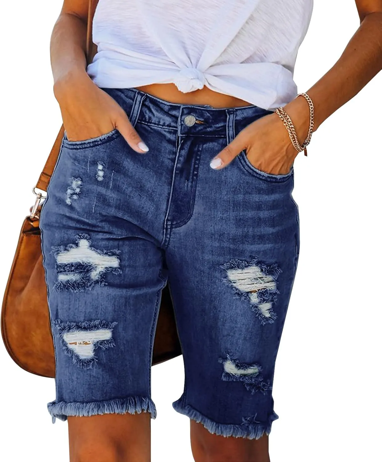 LONGYIDA Womens Jean Shorts High Waisted Denim Bermuda Shorts Ripped Distressed Knee Length Stretch Denim Jean Short