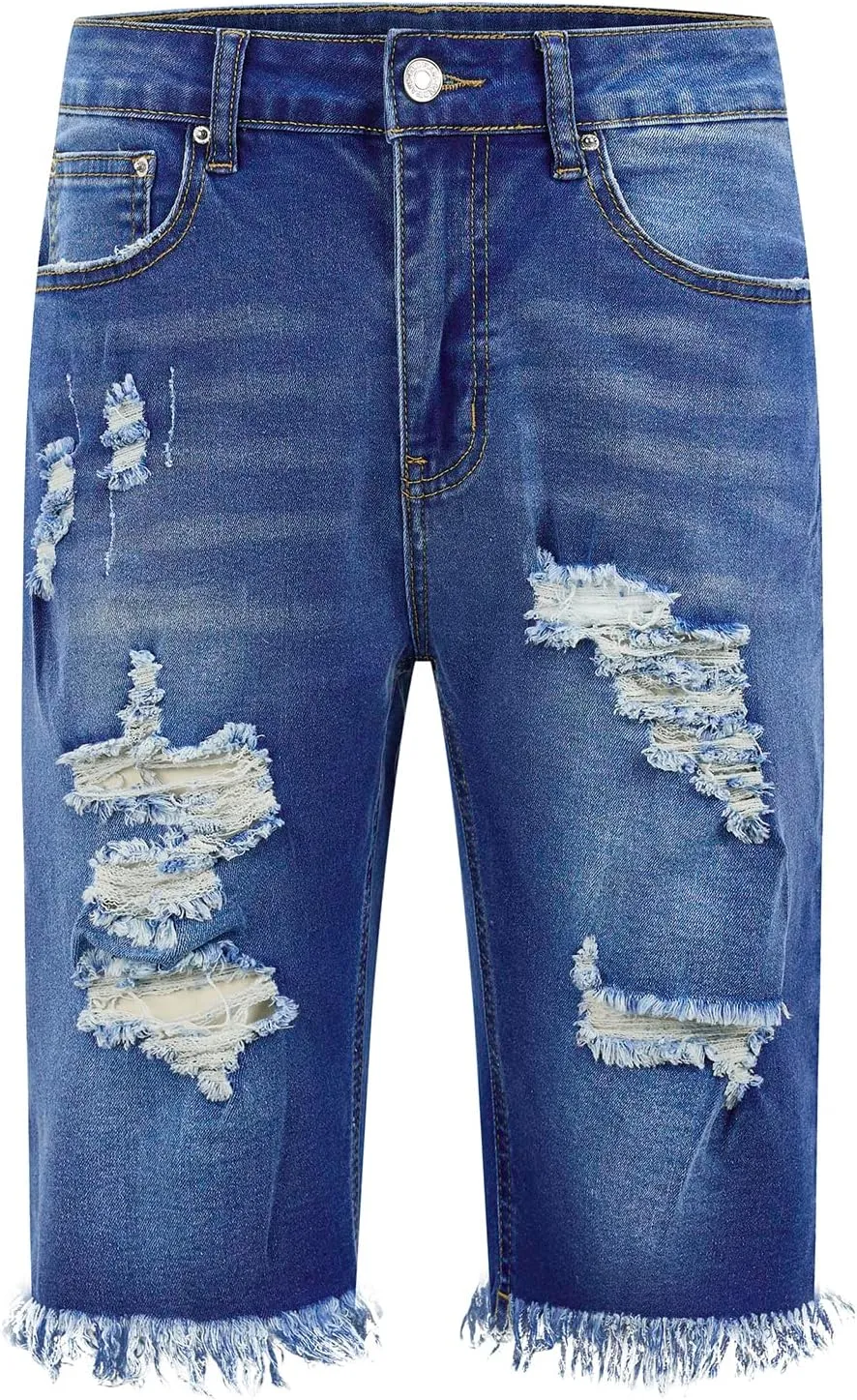 LONGYIDA Womens Jean Shorts High Waisted Denim Bermuda Shorts Ripped Distressed Knee Length Stretch Denim Jean Short