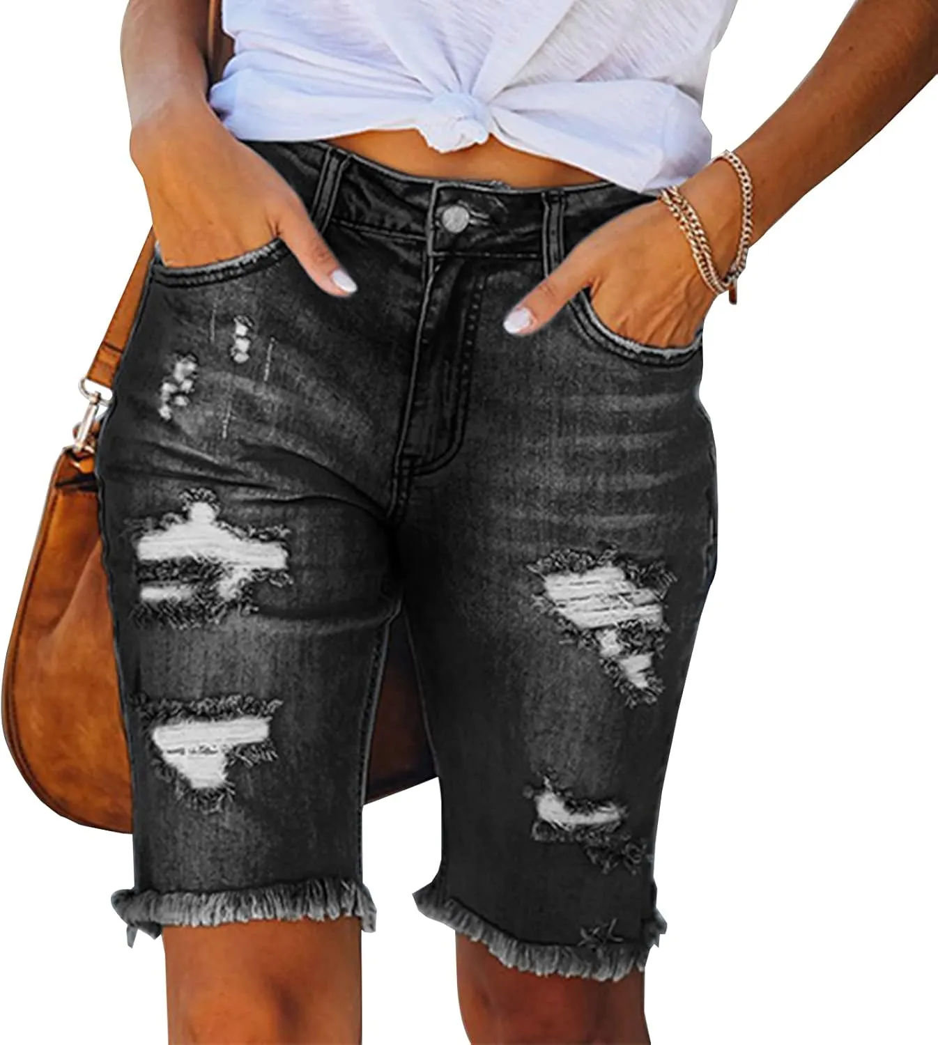 LONGYIDA Womens Jean Shorts High Waisted Denim Bermuda Shorts Ripped Distressed Knee Length Stretch Denim Jean Short