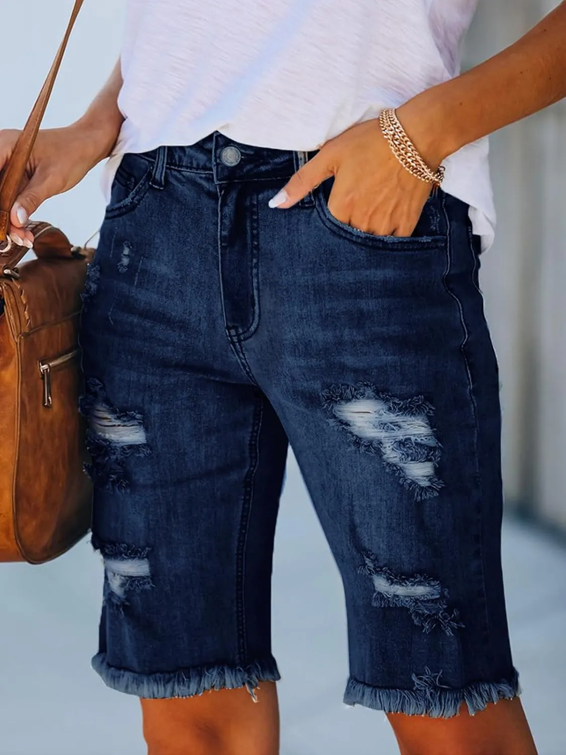 LONGYIDA Womens Jean Shorts High Waisted Denim Bermuda Shorts Ripped Distressed Knee Length Stretch Denim Jean Short