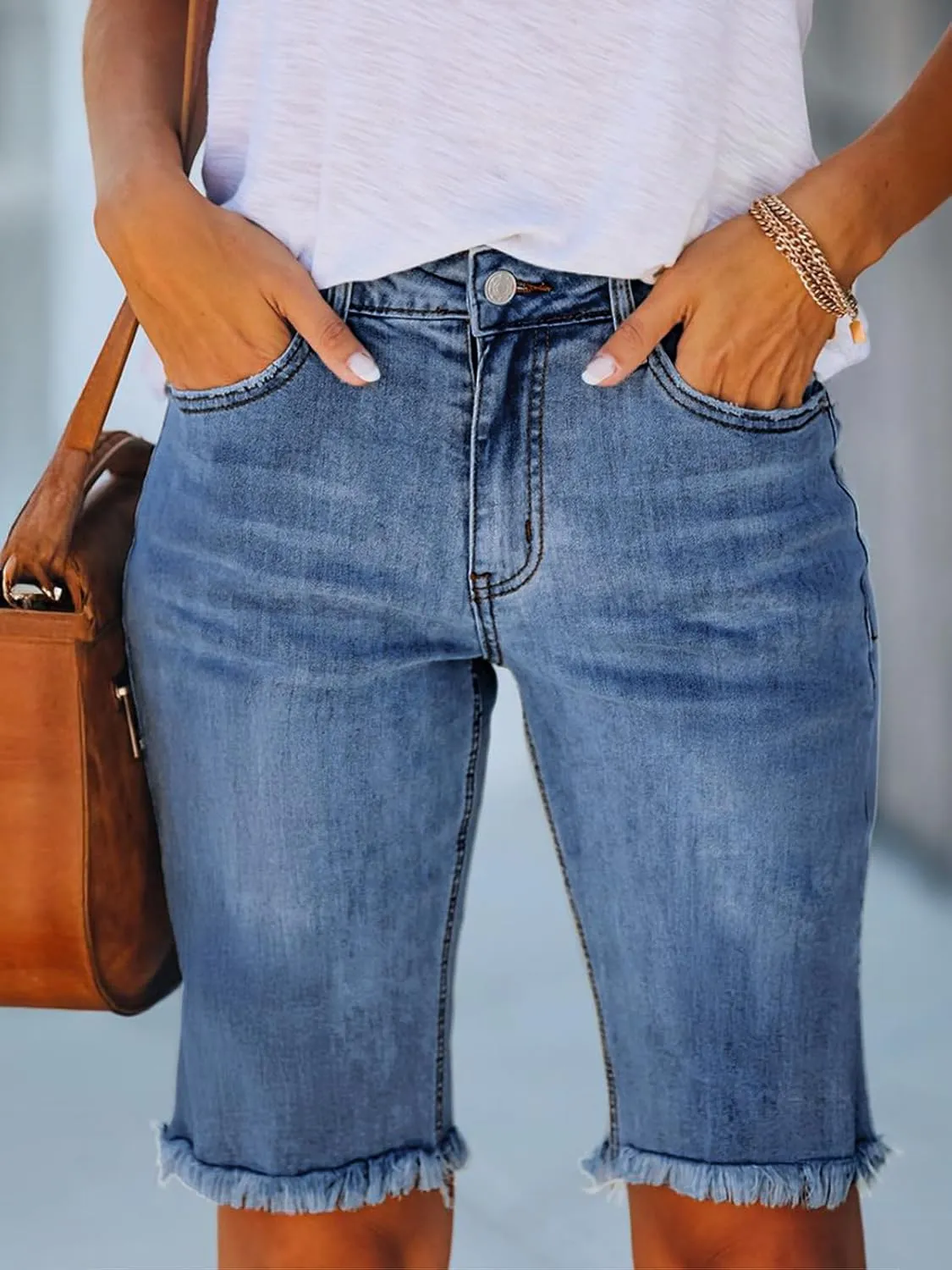 LONGYIDA Womens Jean Shorts High Waisted Denim Bermuda Shorts Ripped Distressed Knee Length Stretch Denim Jean Short