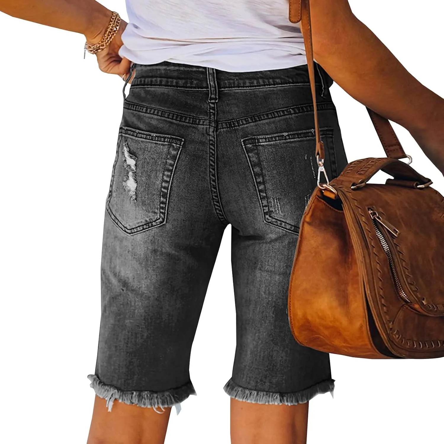 LONGYIDA Womens Jean Shorts High Waisted Denim Bermuda Shorts Ripped Distressed Knee Length Stretch Denim Jean Short