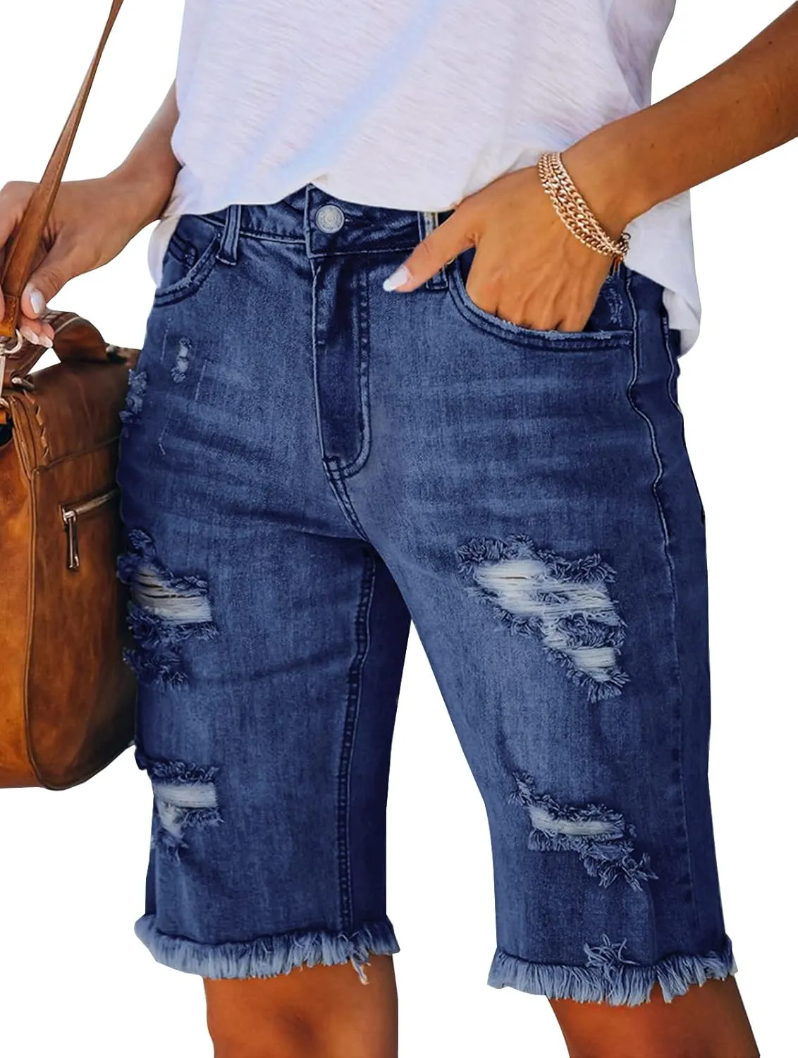 LONGYIDA Womens Jean Shorts High Waisted Denim Bermuda Shorts Ripped Distressed Knee Length Stretch Denim Jean Short