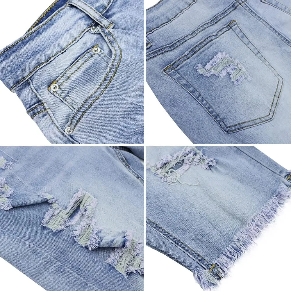 LONGYIDA Womens Jean Shorts High Waisted Denim Bermuda Shorts Ripped Distressed Knee Length Stretch Denim Jean Short