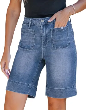 luvamia Bermuda Shorts for Women High Waisted Trendy Patch Pocket Casual Vintage Long Stretchy Denim Shorts Summer Jorts