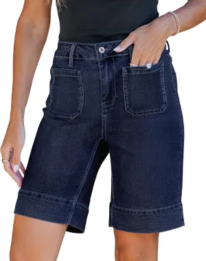 luvamia Bermuda Shorts for Women High Waisted Trendy Patch Pocket Casual Vintage Long Stretchy Denim Shorts Summer Jorts