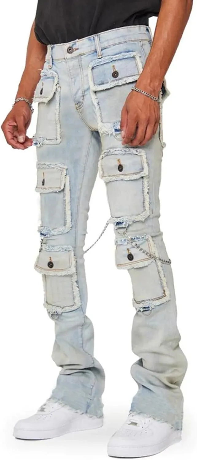 Male Casual Fashion Plus Size Pocket Drawstring Waist Solid Color Slim Toe Jeans Skinny Slim Fit Mens Jeans Mens