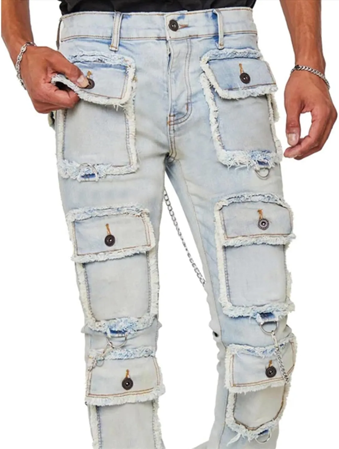 Male Casual Fashion Plus Size Pocket Drawstring Waist Solid Color Slim Toe Jeans Skinny Slim Fit Mens Jeans Mens