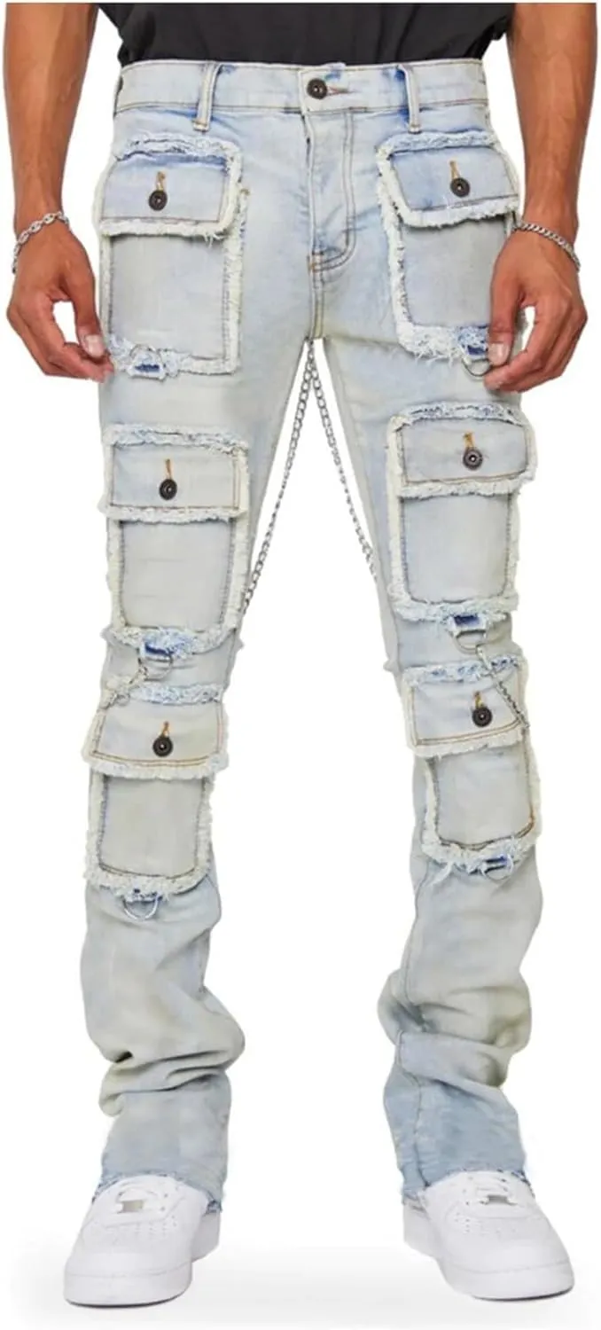 Male Casual Fashion Plus Size Pocket Drawstring Waist Solid Color Slim Toe Jeans Skinny Slim Fit Mens Jeans Mens