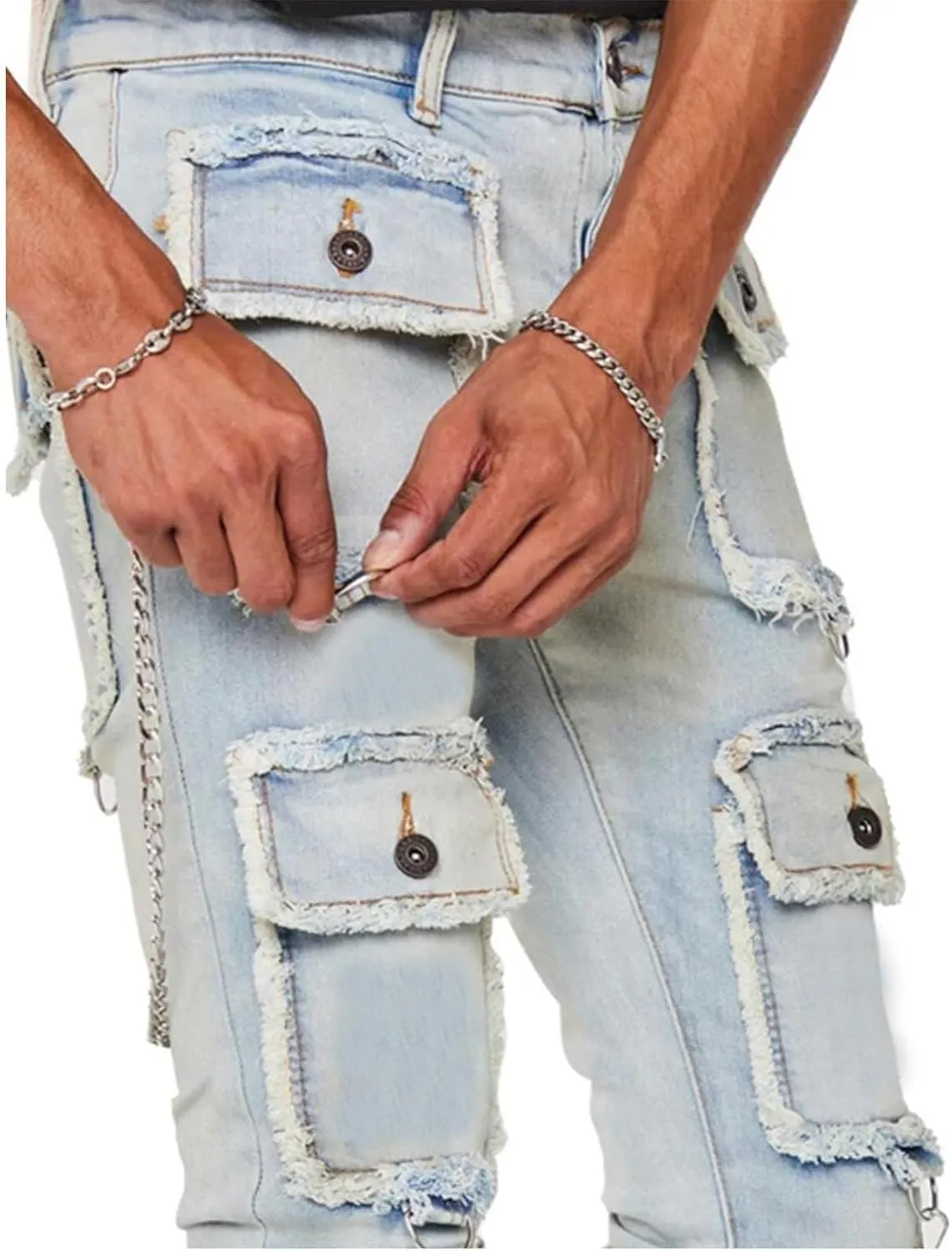 Male Casual Fashion Plus Size Pocket Drawstring Waist Solid Color Slim Toe Jeans Skinny Slim Fit Mens Jeans Mens