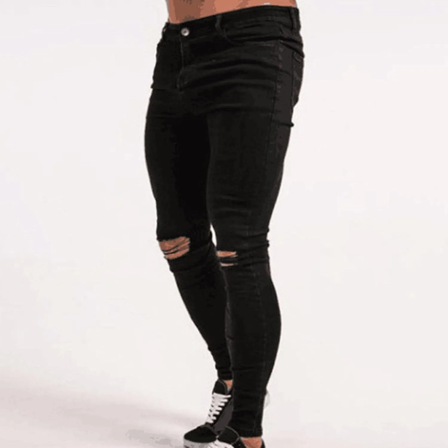 Male Casual Fashion Plus Size Pocket Drawstring Waist Solid Color Slim Toe Jeans Skinny Slim Fit Mens Jeans Mens