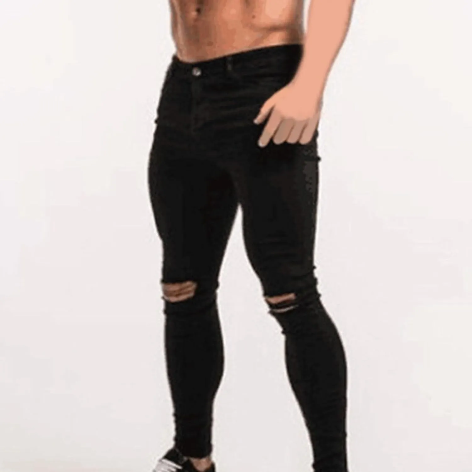 Male Casual Fashion Plus Size Pocket Drawstring Waist Solid Color Slim Toe Jeans Skinny Slim Fit Mens Jeans Mens