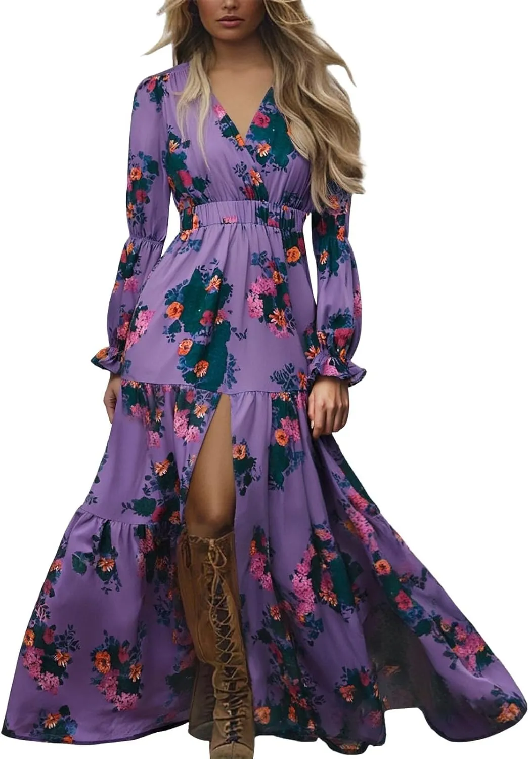 Maxi Dress for Women Summer Vintage Pastoral Flower Long Dress Sexy V-Neck Long Sleeve Chiffon Western Country Dresses