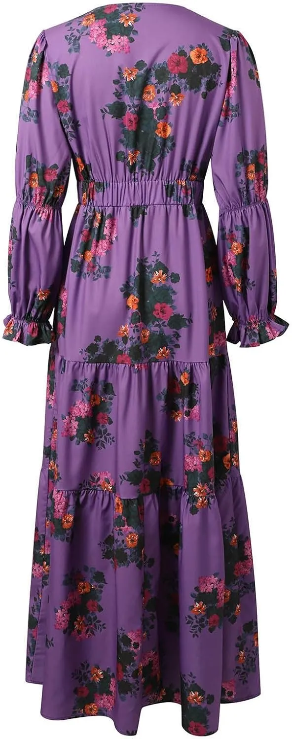 Maxi Dress for Women Summer Vintage Pastoral Flower Long Dress Sexy V-Neck Long Sleeve Chiffon Western Country Dresses