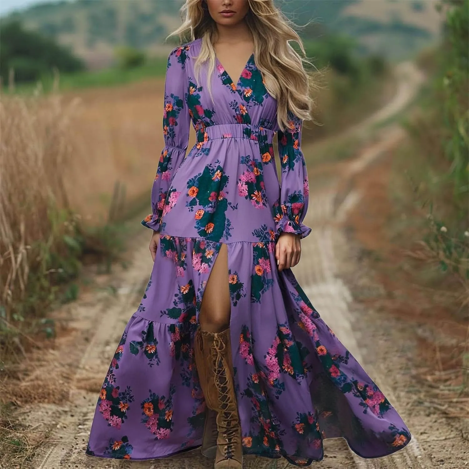 Maxi Dress for Women Summer Vintage Pastoral Flower Long Dress Sexy V-Neck Long Sleeve Chiffon Western Country Dresses