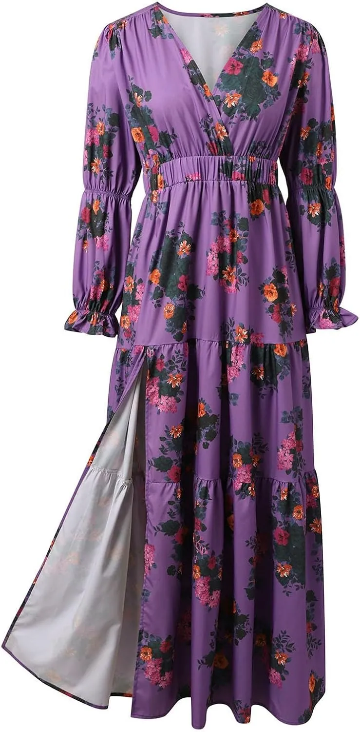 Maxi Dress for Women Summer Vintage Pastoral Flower Long Dress Sexy V-Neck Long Sleeve Chiffon Western Country Dresses