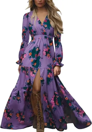 Maxi Dress for Women Summer Vintage Pastoral Flower Long Dress Sexy V-Neck Long Sleeve Chiffon Western Country Dresses