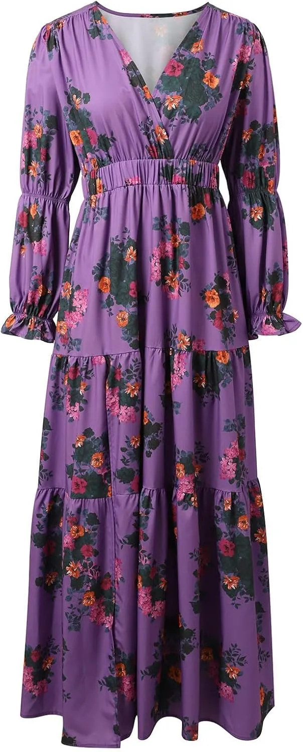 Maxi Dress for Women Summer Vintage Pastoral Flower Long Dress Sexy V-Neck Long Sleeve Chiffon Western Country Dresses