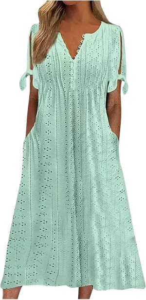 Maxi Dresses for Women 2025 Short Sleeve Eyelet Long Dresses Baggy V Neck Summer Flowy A Line Tshirt Dress w/Pockets