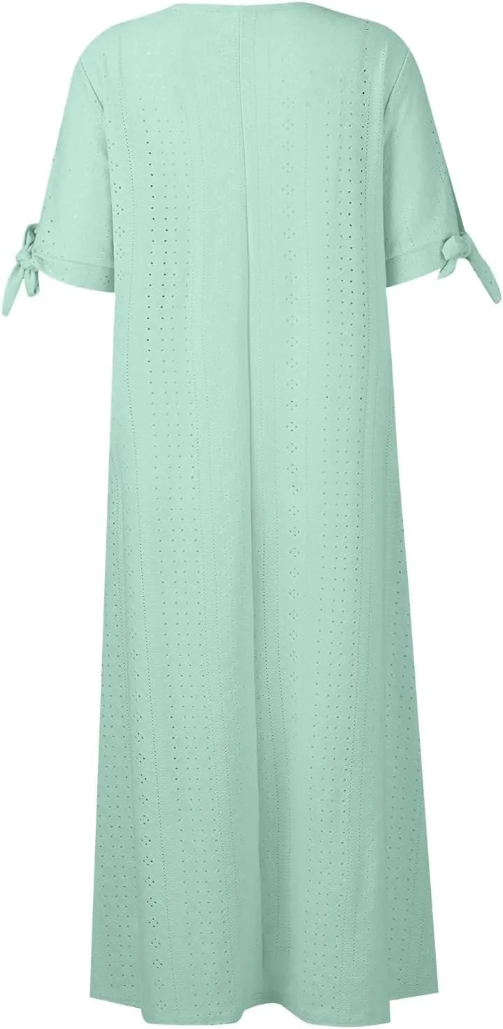 Maxi Dresses for Women 2025 Short Sleeve Eyelet Long Dresses Baggy V Neck Summer Flowy A Line Tshirt Dress w/Pockets
