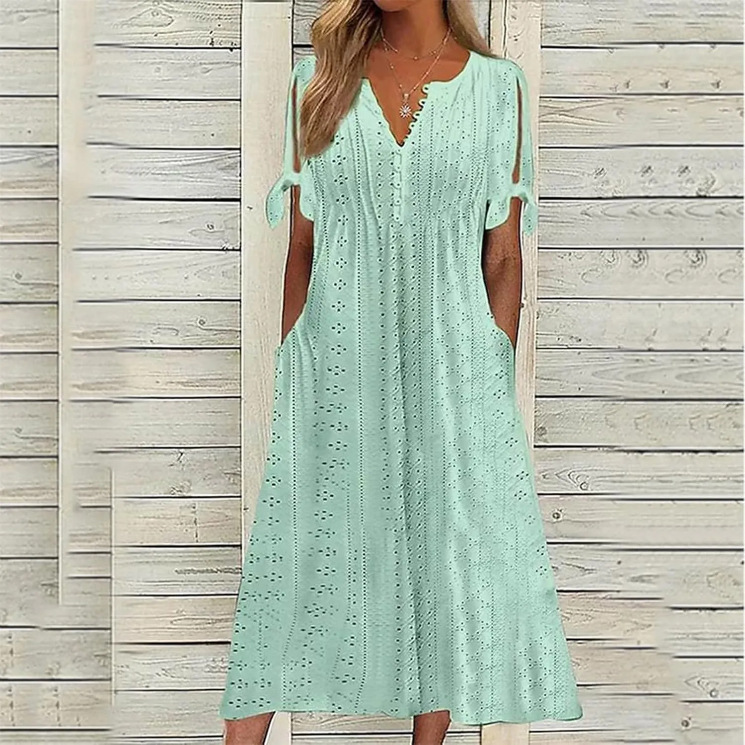 Maxi Dresses for Women 2025 Short Sleeve Eyelet Long Dresses Baggy V Neck Summer Flowy A Line Tshirt Dress w/Pockets