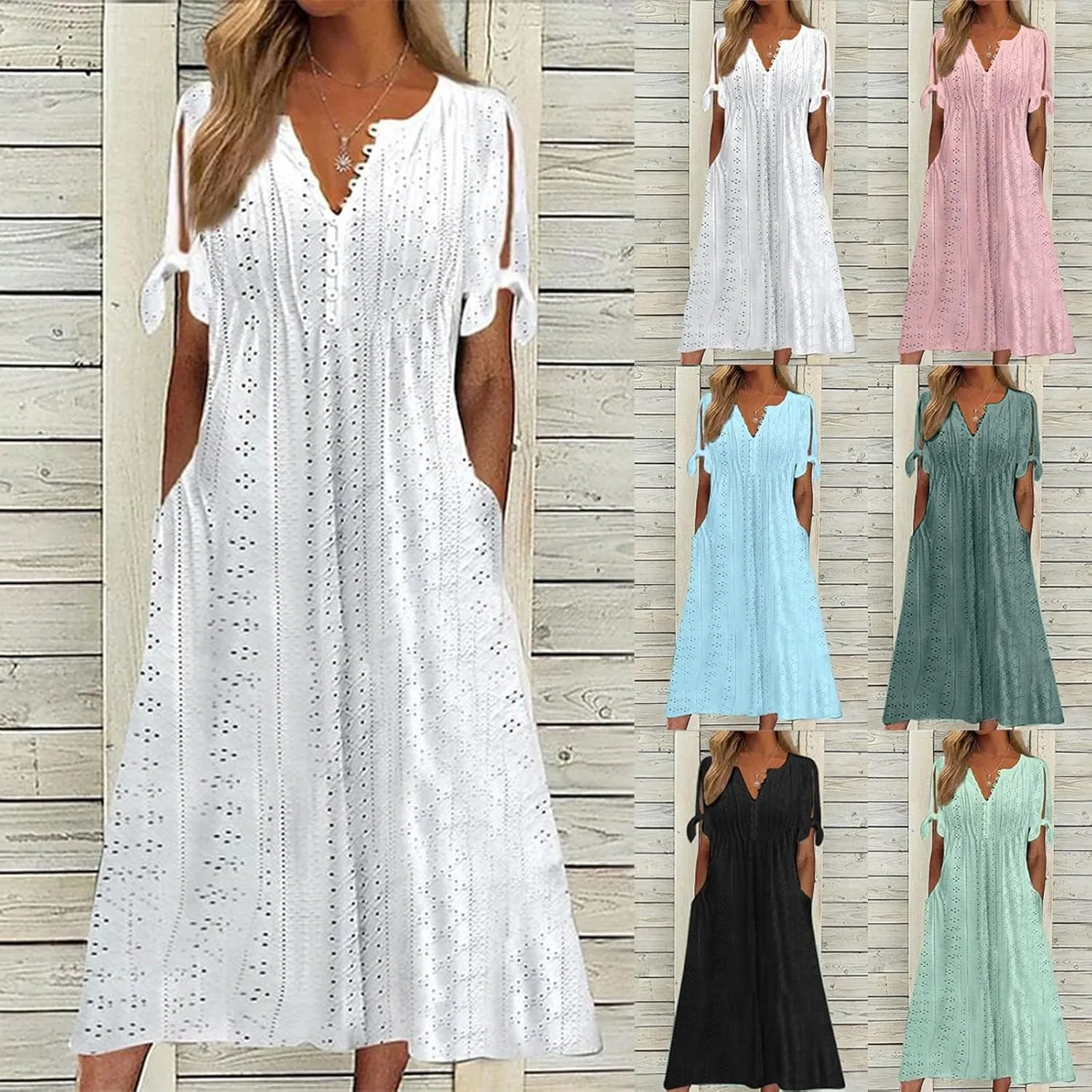 Maxi Dresses for Women 2025 Short Sleeve Eyelet Long Dresses Baggy V Neck Summer Flowy A Line Tshirt Dress w/Pockets