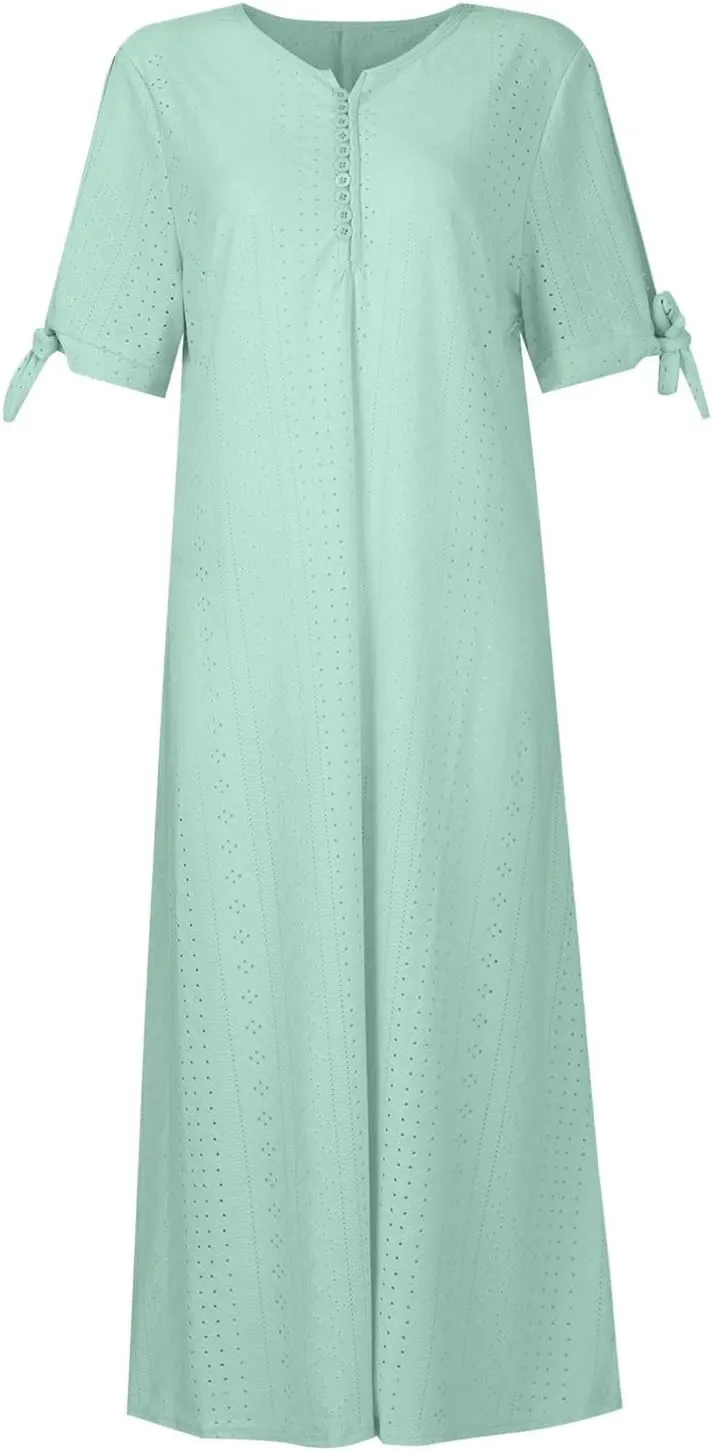 Maxi Dresses for Women 2025 Short Sleeve Eyelet Long Dresses Baggy V Neck Summer Flowy A Line Tshirt Dress w/Pockets