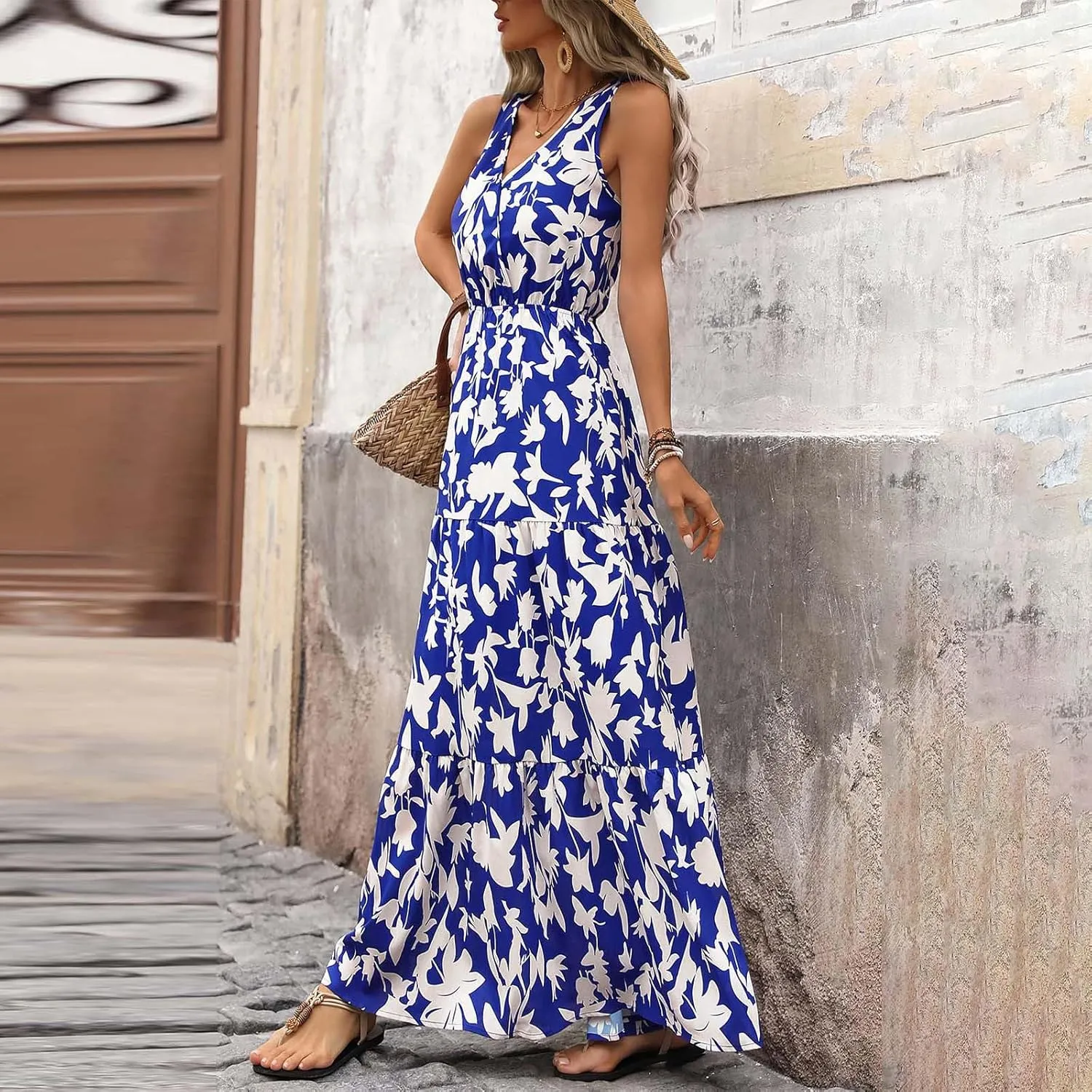 Maxi Dresses for Women Summer Wrap V Neck Long Floral Dress Elegant Formal Wedding Guest Dresses Boho Flowy Sundress