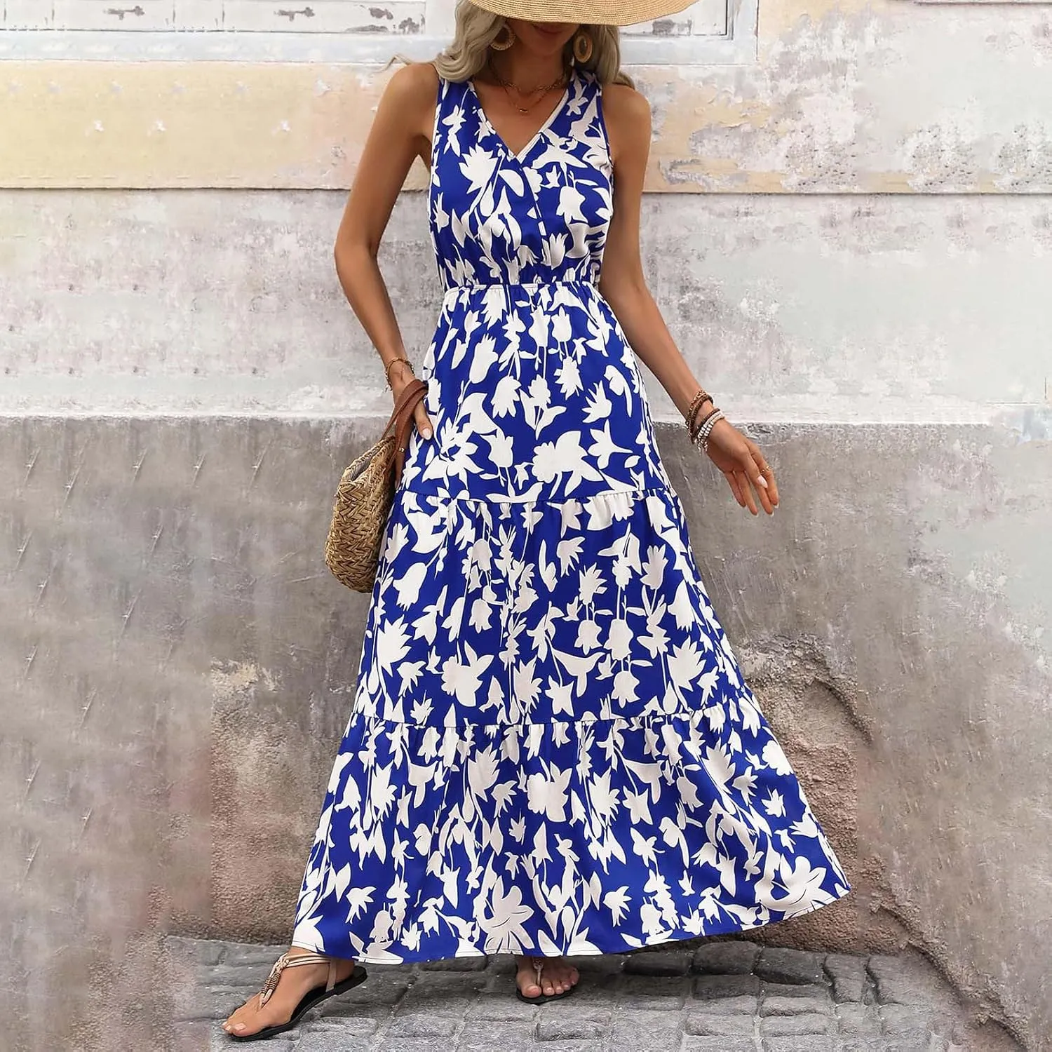 Maxi Dresses for Women Summer Wrap V Neck Long Floral Dress Elegant Formal Wedding Guest Dresses Boho Flowy Sundress