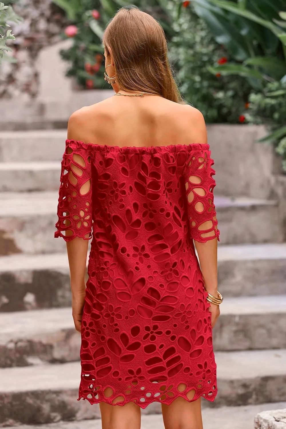 Melliflo Women's Off Shoulder Lace Shift Mini Dress Open Back Floral Crochet Casual Sundress A Line Loose Fit Mini Dress