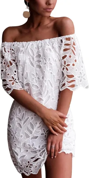 Melliflo Women's Off Shoulder Lace Shift Mini Dress Open Back Floral Crochet Casual Sundress A Line Loose Fit Mini Dress